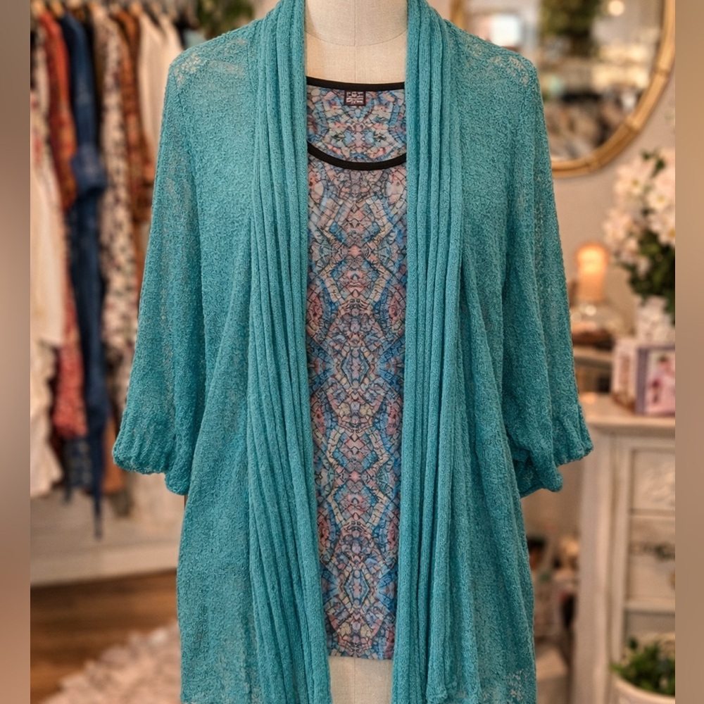 2 for 1 Teal Open Front Duster Cardigan with Printed Tank.